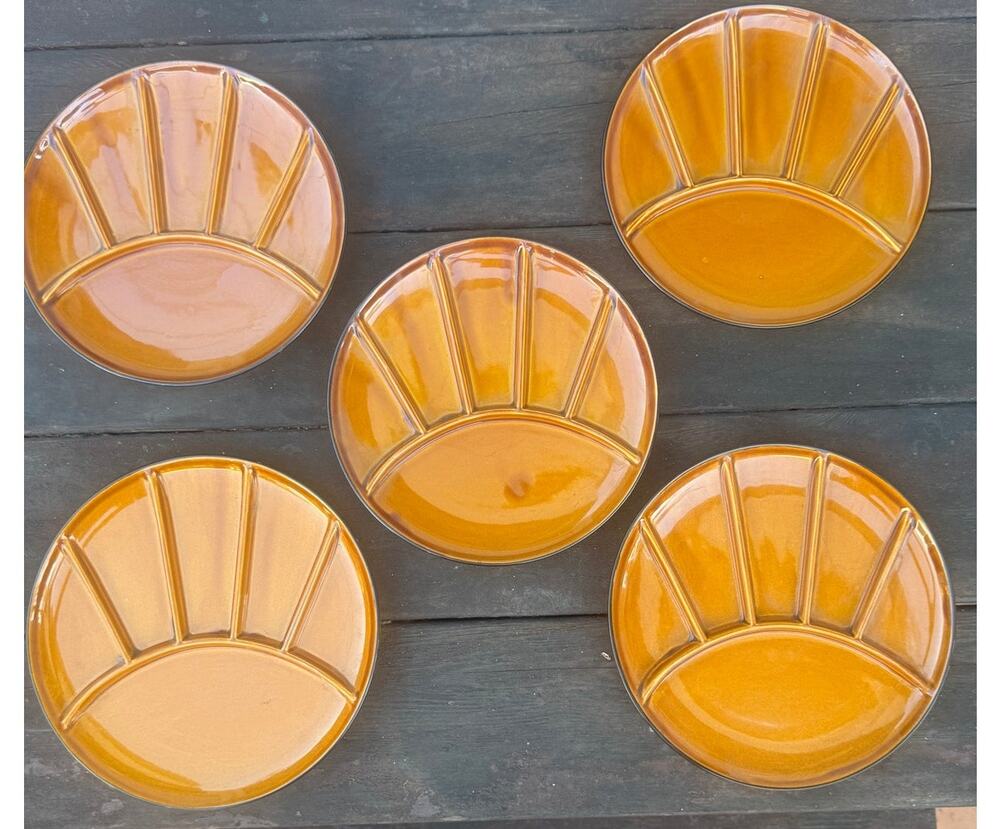 Vintage Yellow Appetizer Fan Shaped Plates 9" Set of 5  Mid Century Ceramic